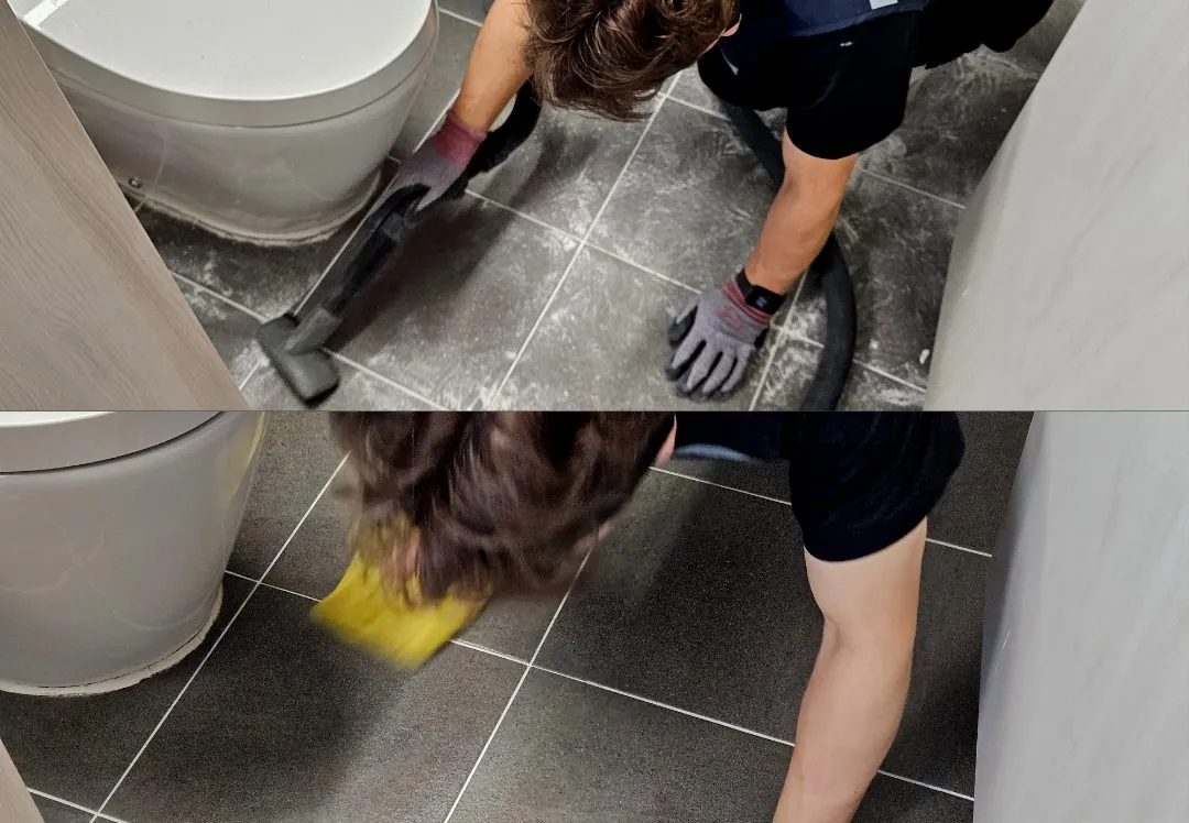 커팅 후 분진을 진공 청소기로 흡입하고 닦아내는 모습