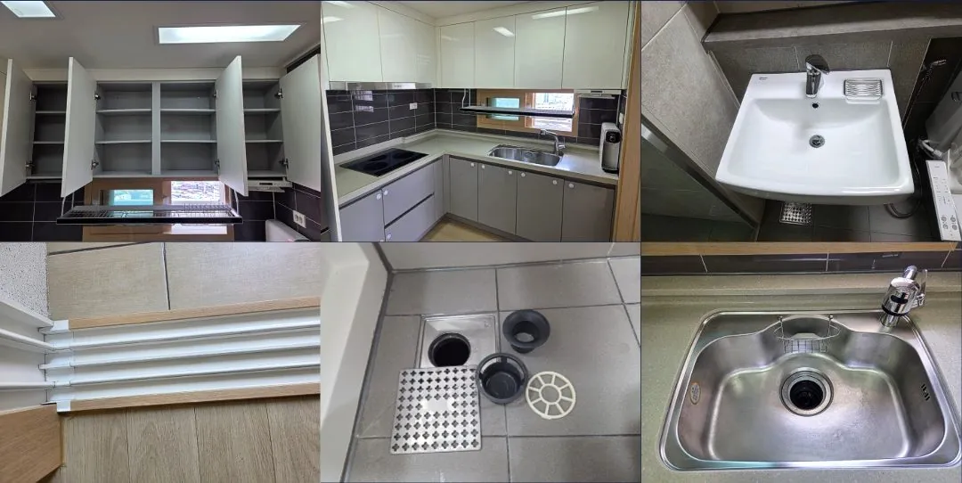 입주청소를 마친 주방 수납장, 싱크대, 세면대, 창틀, 배수구